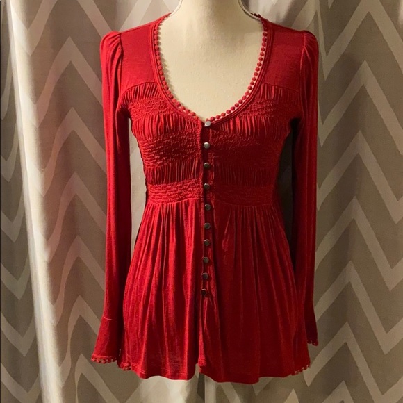NWT Smocked Button Down w/ Blouse Bell Sleeves Pom-Pom Trim Valentine’s Day SML - Picture 1 of 8
